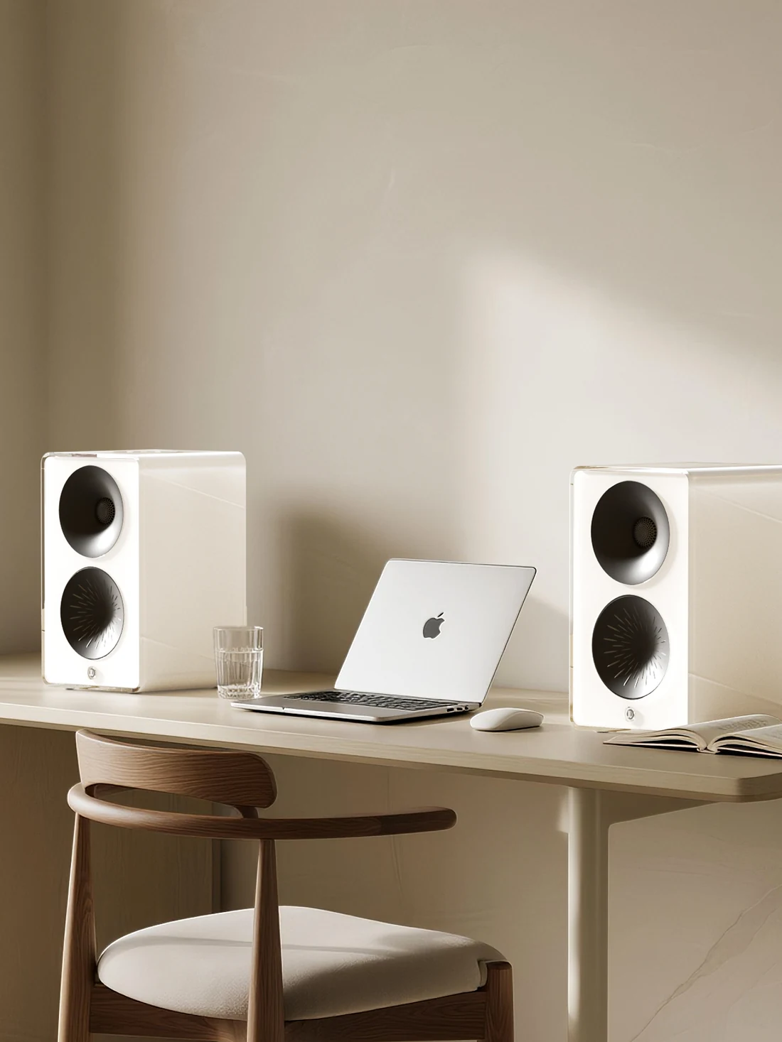A pair of Lingke Listening T5 speakers in white on a desk, either side of a laptop