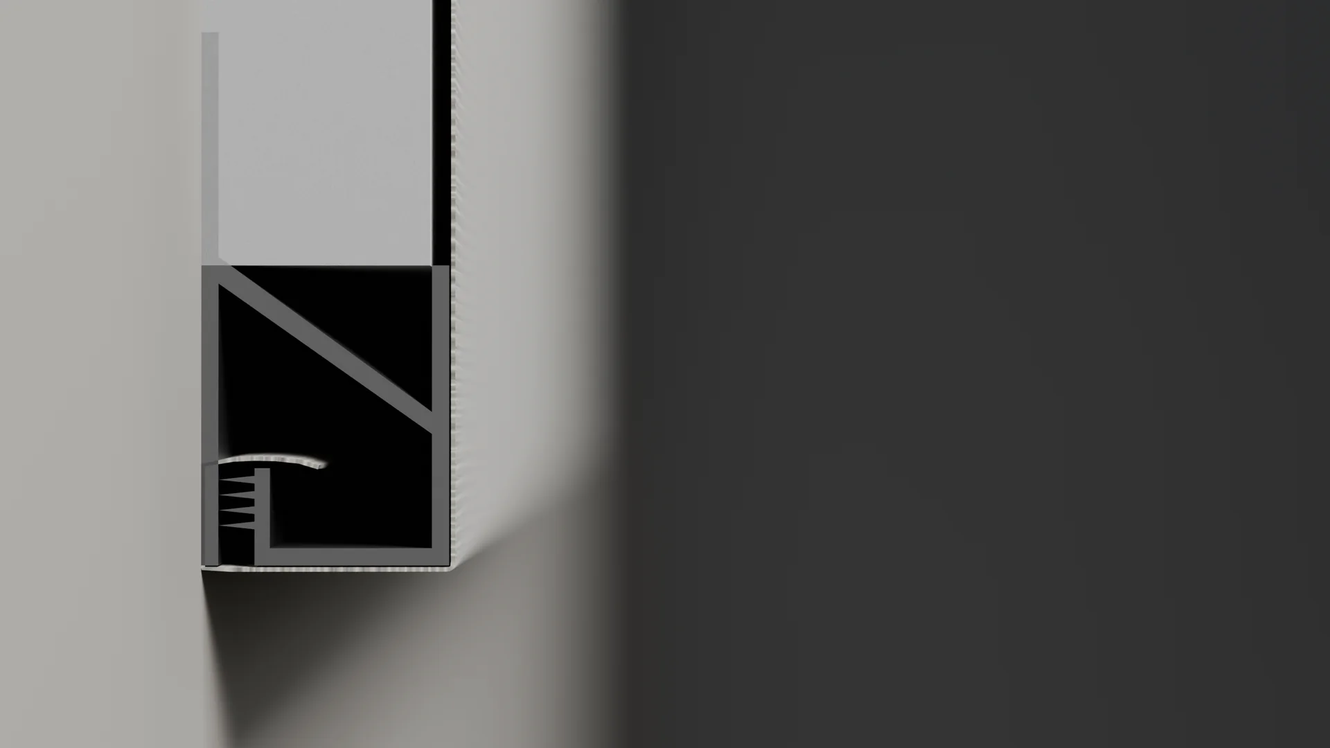Cross-section of the concealed edge - the track, the 24 mm core and the cloth tucked into the hidden jaw